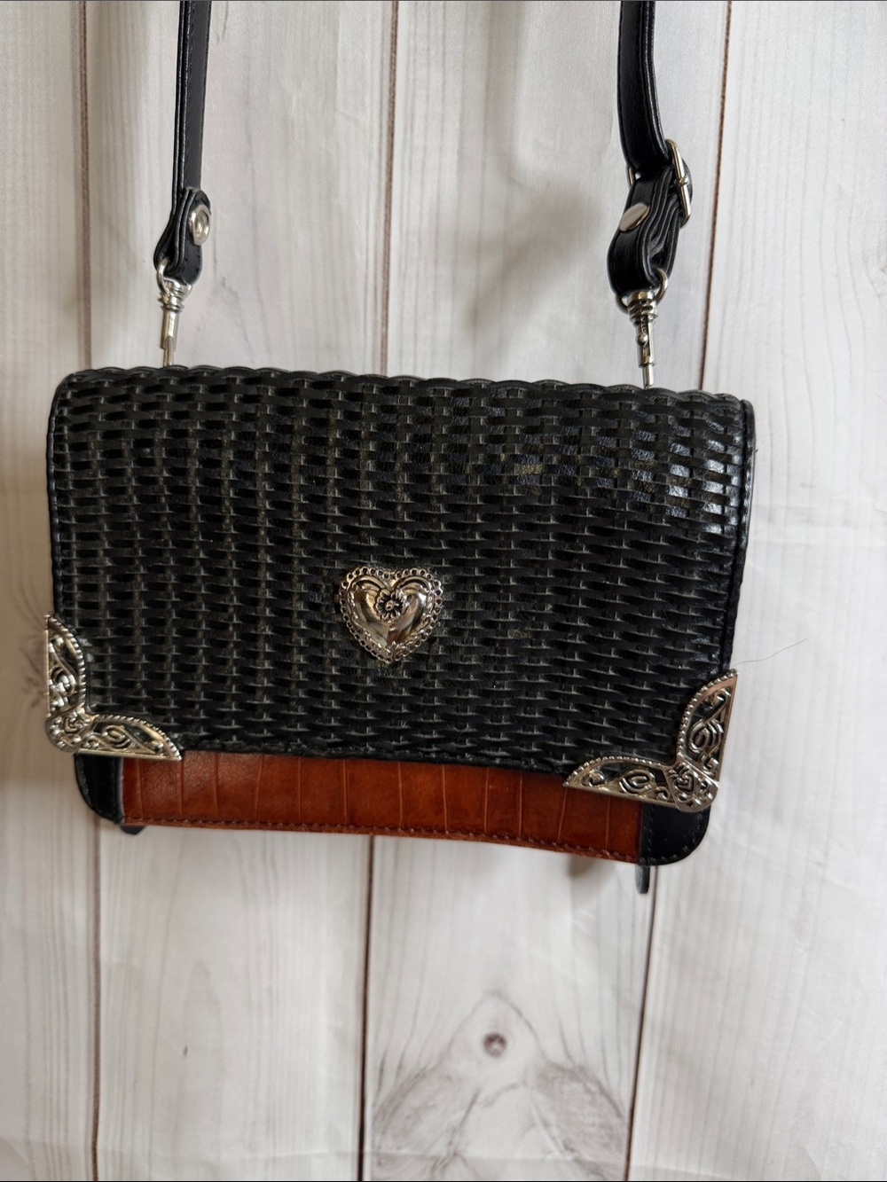 Coldwater Creek Black and Brown Woven Crossbody with Silver Accents.